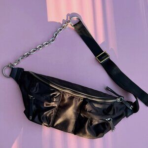 Zara black banana satin fabric bag with zipper and decorative chain purse
